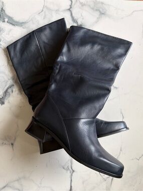 Markon Shelly Women's Blue Gray Leather Mid-Calf Pull-On Boots Square Toe US 9